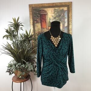 New & York Company Stretch Blouse M Teal Black Damask Long Sleeve Ruched Wrap